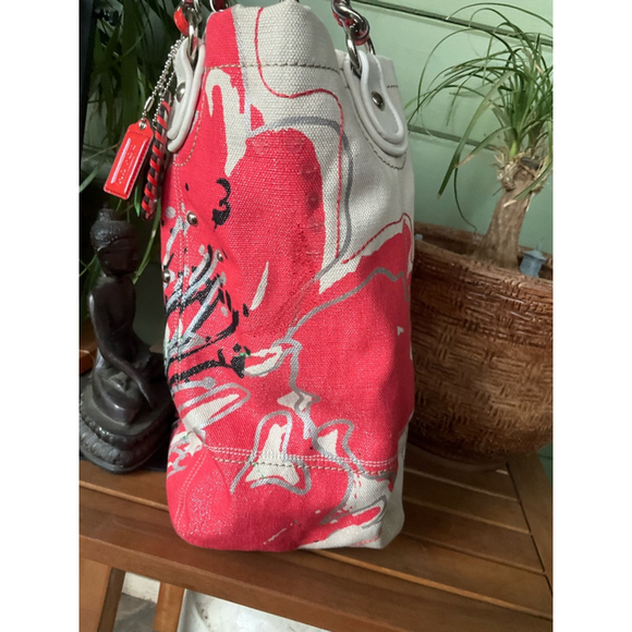 Coach Poppy Flower Whipstitch Light Khaki Duffel Bucket Large Tote LMTED ED - Picture 6 of 11